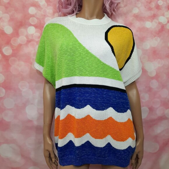 Vintage 80s Tangiers Funky Abstract Print Sweater Oversized Short Sleeve Size M - Picture 1 of 10